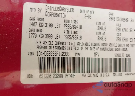 2006 Dodge Durango Limited z USA, uszkodzony, nr VIN 1D4HD58266F112336